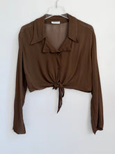 Load image into Gallery viewer, 90s Brown Cropped Tie Blouse M-L