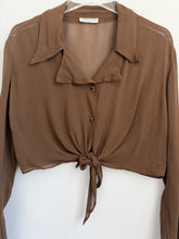 Load image into Gallery viewer, 90s Brown Cropped Tie Blouse M-L
