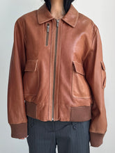 Load image into Gallery viewer, Toffee Leather Zip Bomber Jacket