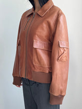 Load image into Gallery viewer, Toffee Leather Zip Bomber Jacket