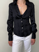 Load image into Gallery viewer, Black Silk Satin Pleated Blouse S-M