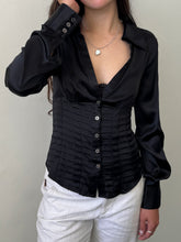 Load image into Gallery viewer, Black Silk Satin Pleated Blouse S-M