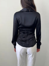 Load image into Gallery viewer, Black Silk Satin Pleated Blouse S-M