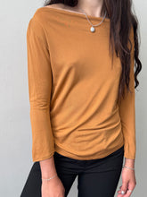 Load image into Gallery viewer, Saffron Silk Knit Boat Neck Drape Top M
