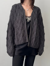Load image into Gallery viewer, 90s Charcoal Wool Cable Knit Collarless Zip Up Cardigan M