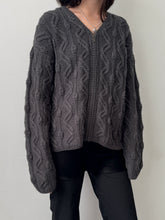 Load image into Gallery viewer, 90s Charcoal Wool Cable Knit Collarless Zip Up Cardigan M