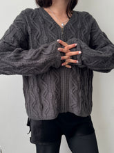 Load image into Gallery viewer, 90s Charcoal Wool Cable Knit Collarless Zip Up Cardigan M