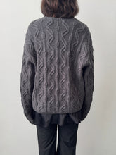Load image into Gallery viewer, 90s Charcoal Wool Cable Knit Collarless Zip Up Cardigan M